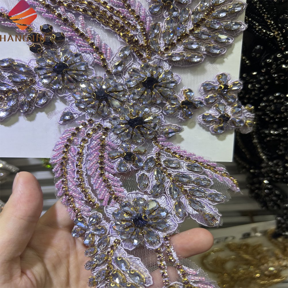 Sewing Rhinestone Lace Applique For Embellishments Beaded Rhinestones Appliques Comes in Pair Crystal Bodice Patches For Bridal