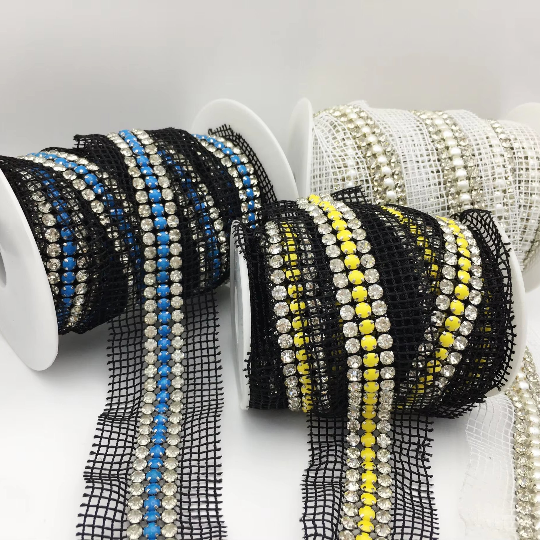 SINRONG Mesh claw crystal glass mesh diamond ornaments Rhinestone lace lace on both sides of mesh fabric trim banding