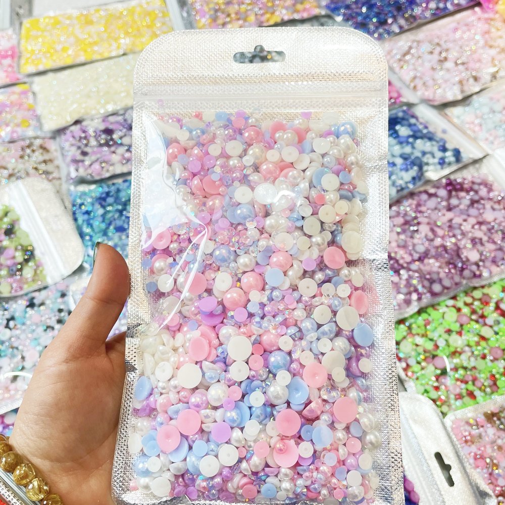 Hot Sale Customized OEM 150g/4500pcs Half Round Varies ABS Plastic Beads Resin Flat Back Pearl Rhinestone Mix Resin Rhinestone