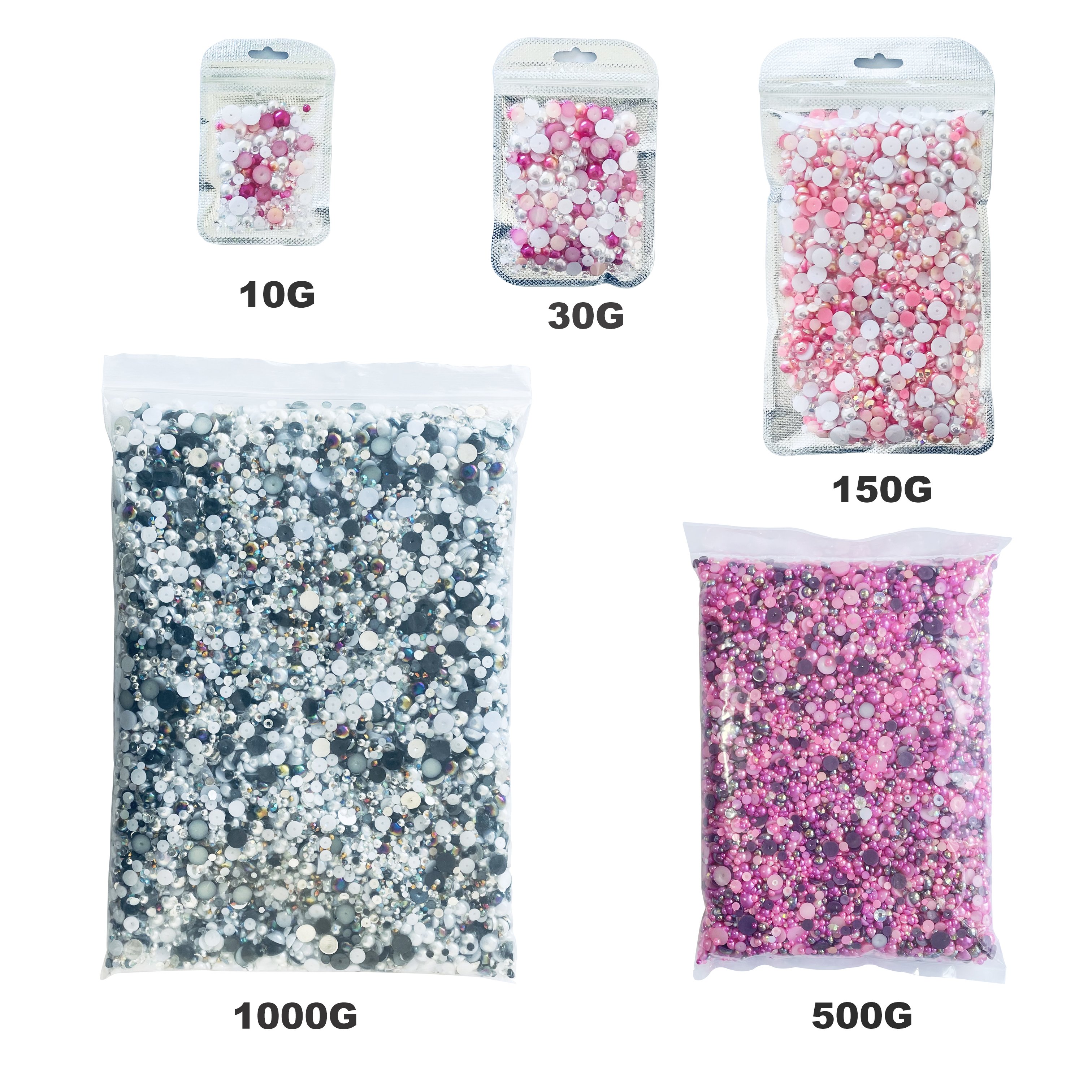 Hot Sale Customized OEM 150g/4500pcs Half Round Varies ABS Plastic Beads Resin Flat Back Pearl Rhinestone Mix Resin Rhinestone