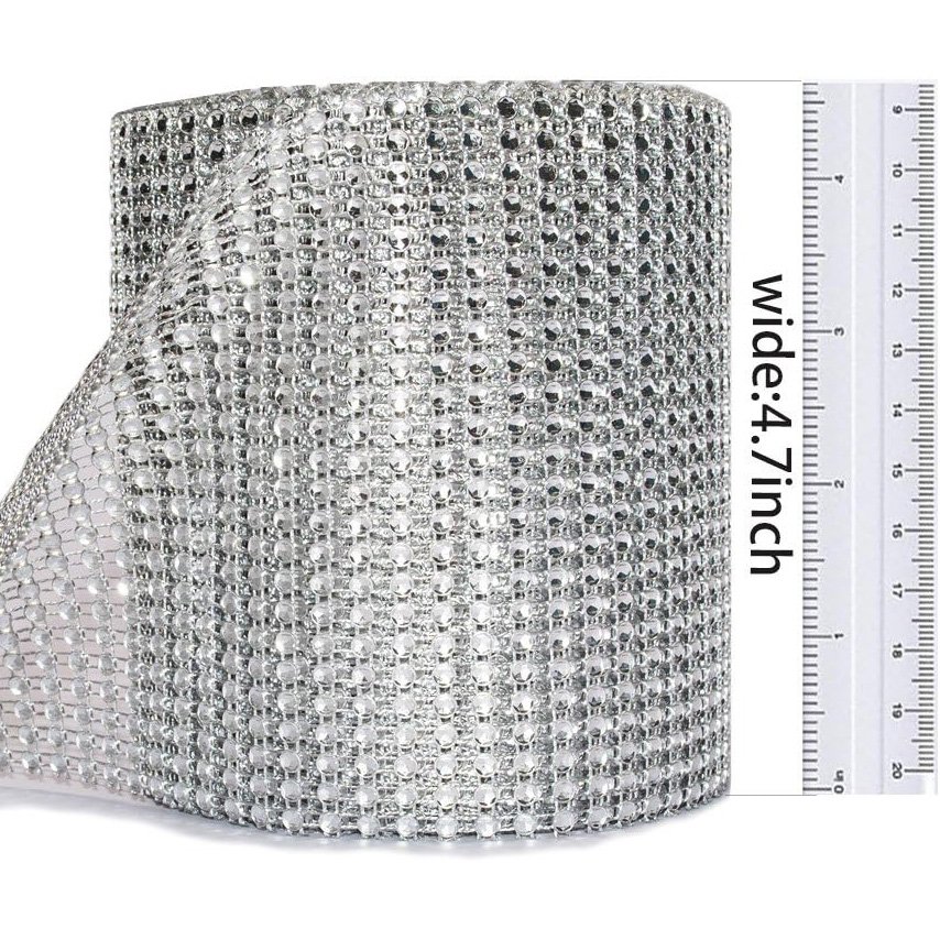 Plastic Bling Rhinestone Diamond Mesh Ribbon Wrap Silver Acrylic Wrap for Wedding Cake Vase Decorations Party Supplies 60Ft