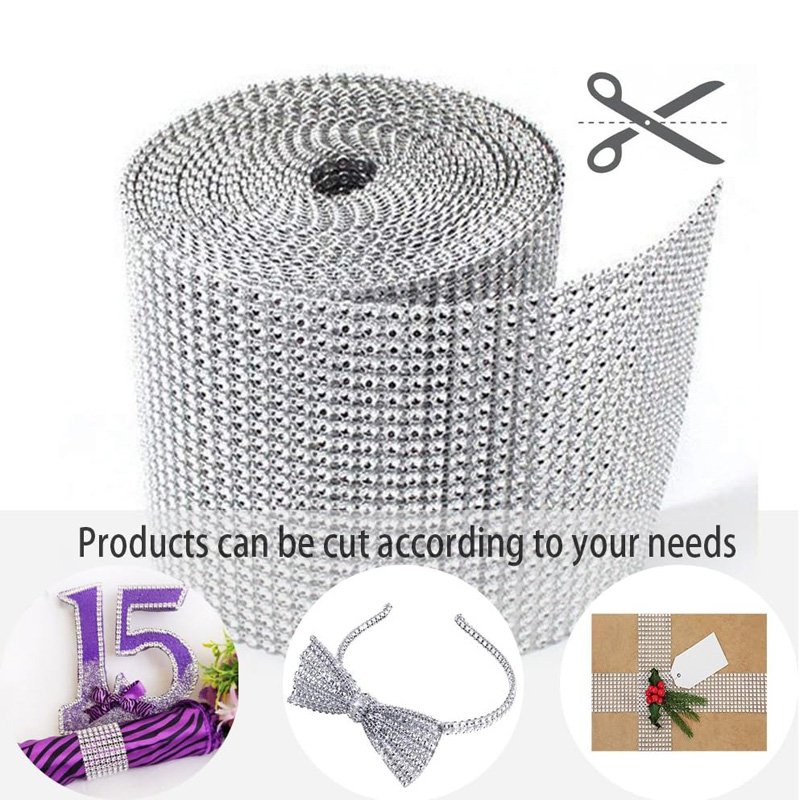 Plastic Bling Rhinestone Diamond Mesh Ribbon Wrap Silver Acrylic Wrap for Wedding Cake Vase Decorations Party Supplies 60Ft