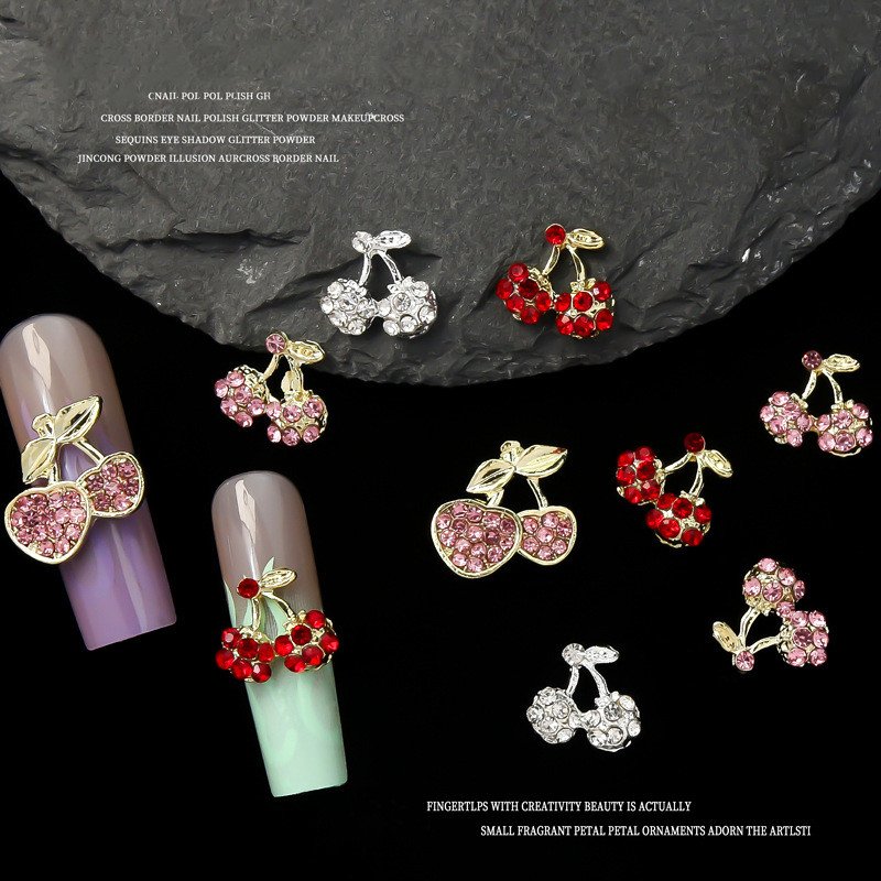 3D Alloy Cherry Nail Charms Luxury Metal Nail Parts Crystal Rhinestones Pink/Red/Silver Stone Nail Art Beauty Decorations