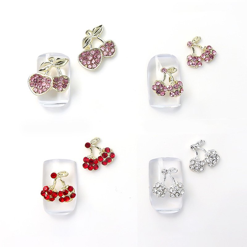 3D Alloy Cherry Nail Charms Luxury Metal Nail Parts Crystal Rhinestones Pink/Red/Silver Stone Nail Art Beauty Decorations