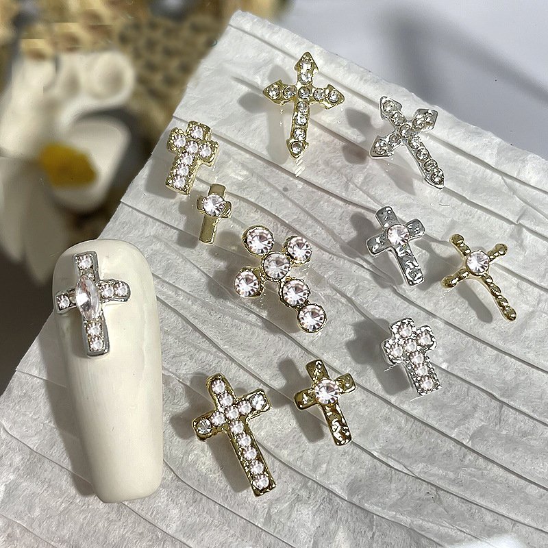 New Design Cross Shape Alloy With Rhinestones Nail Jewelry Decoration Stickers Flatback Rhinestones For Nail Art