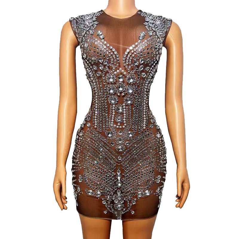 Nightclub Sparkly Silver Rhinestones Fringe Dress Women Birthday Celebrate Prom Crystal Stones Skinny Dress Singer Dance Costume