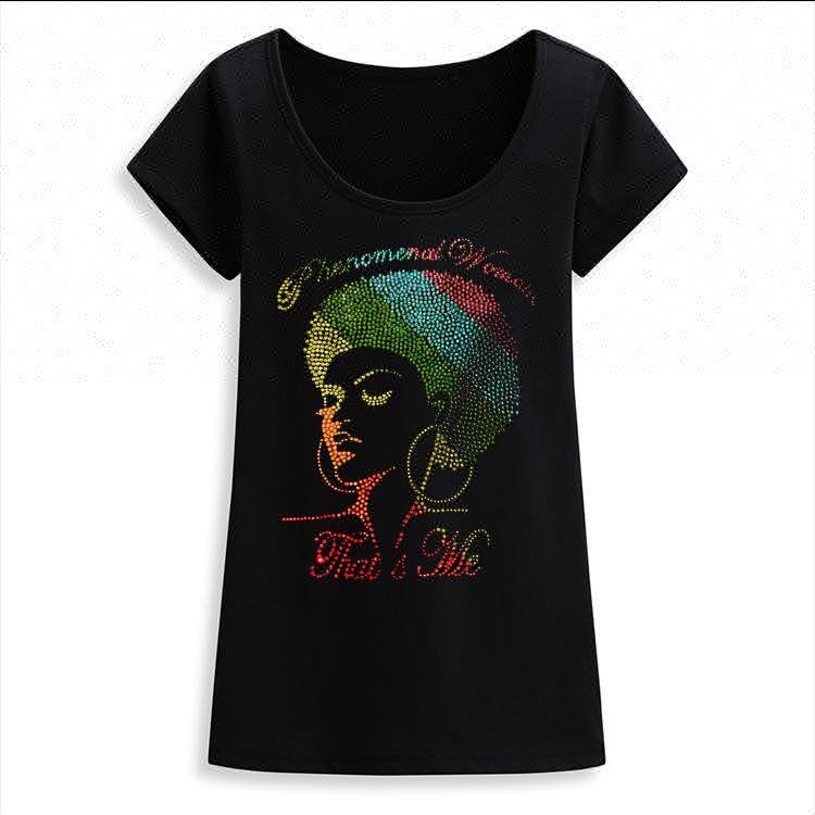 Beautiful Phenomenal Woman Crystal afro girl pattern iron on custom rhinestone template heat transfer