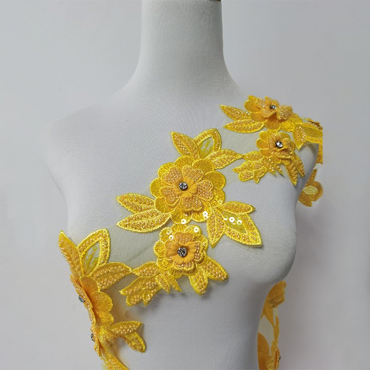 Dress Accessories Embroidery Handmade Rhinestone Lace Trim 3D Flower Trim Rhinestone Applique Trim
