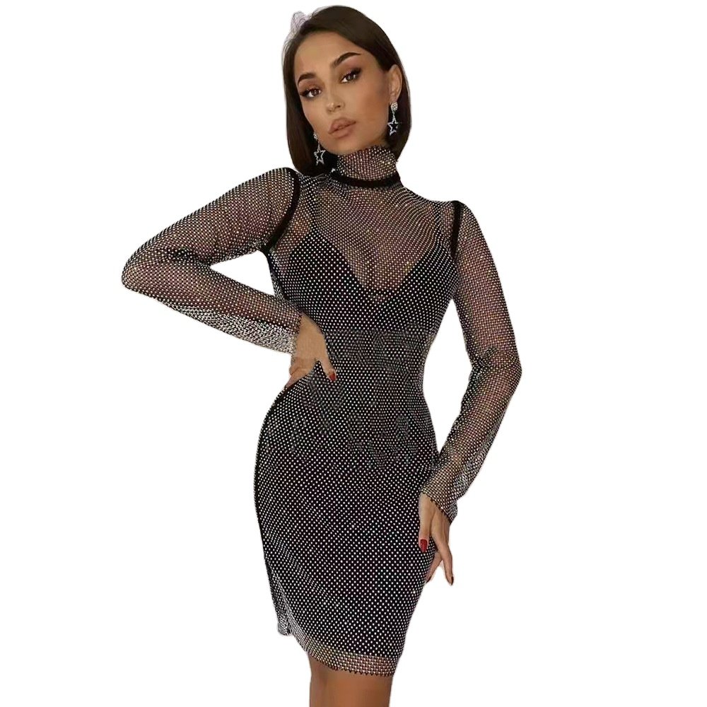 New Sexy Diamond rhinestone Mesh Cover Up With Black Bodycon Two Piece Sets Crystal Fishnet Nigh Club Evening Party Dress
