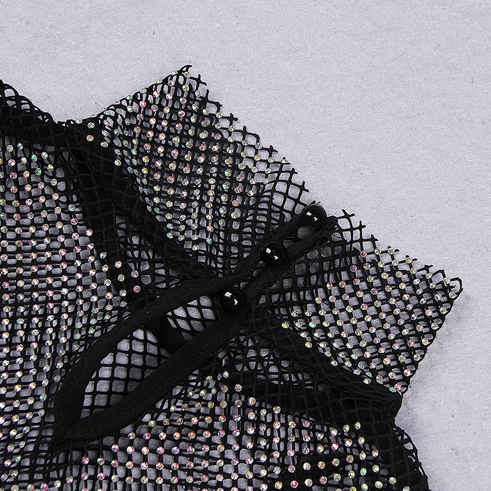 New Sexy Diamond rhinestone Mesh Cover Up With Black Bodycon Two Piece Sets Crystal Fishnet Nigh Club Evening Party Dress