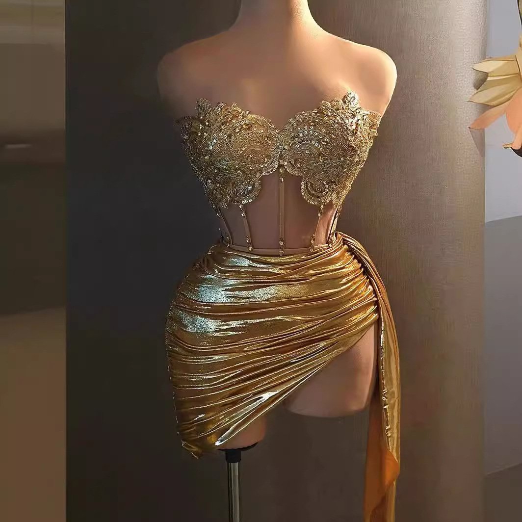 2024 Newest Fashion Luxury gold sexy tube top mini dress birthday party nightclub bar dj female singer performance suit