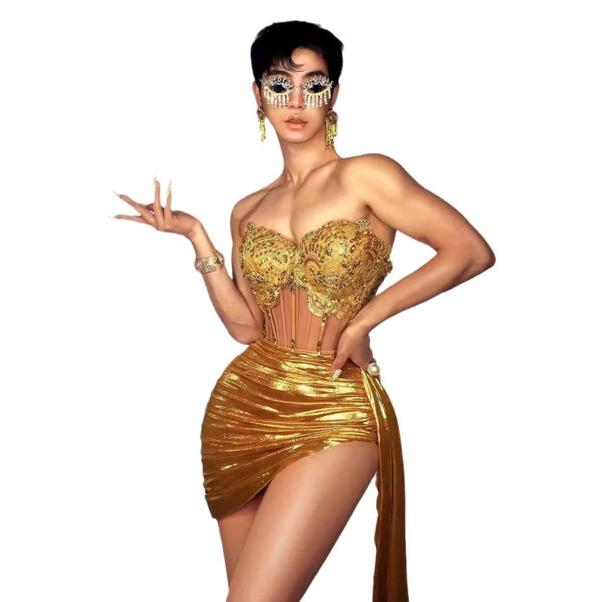 2024 Newest Fashion Luxury gold sexy tube top mini dress birthday party nightclub bar dj female singer performance suit