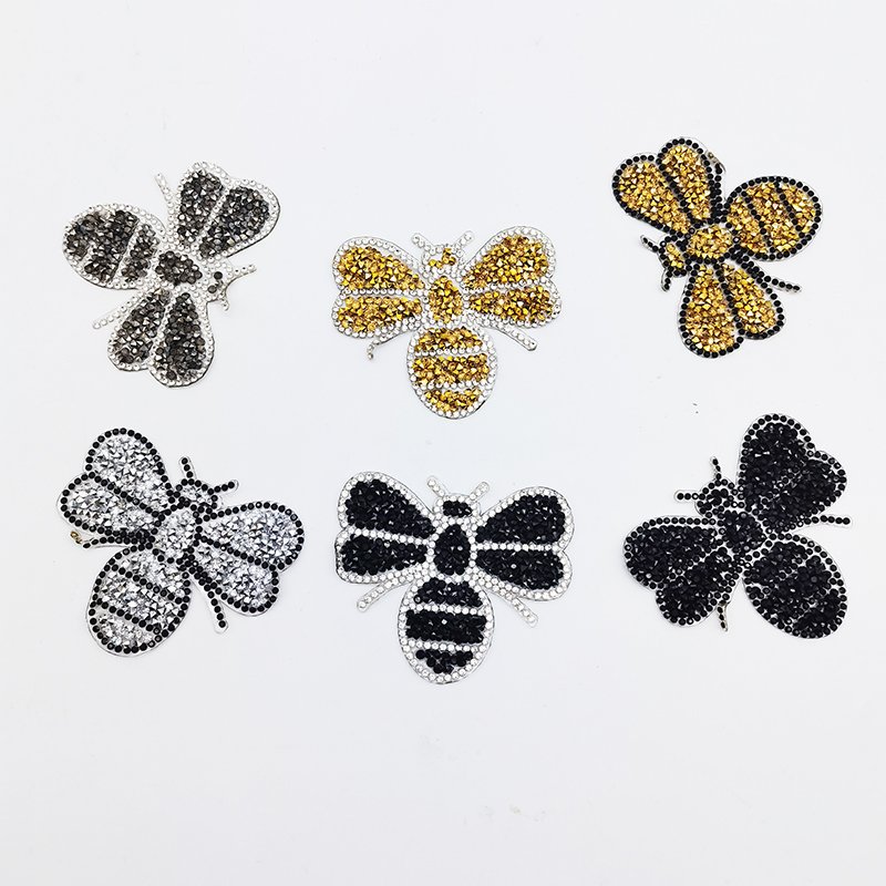 small MOQ ready to ship bee design diamond iron on rhinestone applique hot fix crystal patch for garment