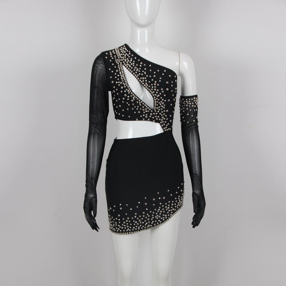 Rhinestone Hollow-Out Design One-Shoulder Slim-Fit Bandage Dress Sexy Elegant Fashion Birthday Party Street Style Bandage Dress
