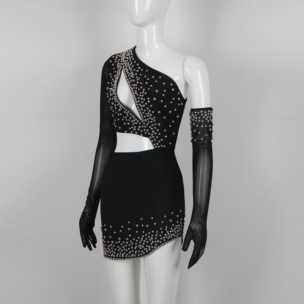Rhinestone Hollow-Out Design One-Shoulder Slim-Fit Bandage Dress Sexy Elegant Fashion Birthday Party Street Style Bandage Dress