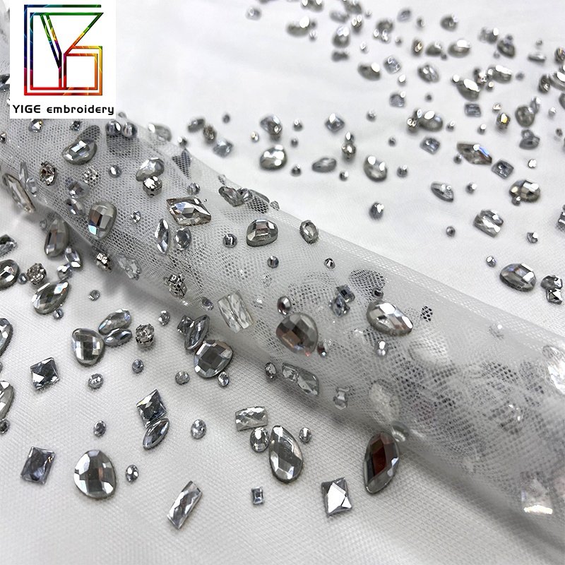 2023New Popular stone handmade white crystal tulle lace fabric bridal Dress laces fabrics Pearl rhinestone mesh fabric