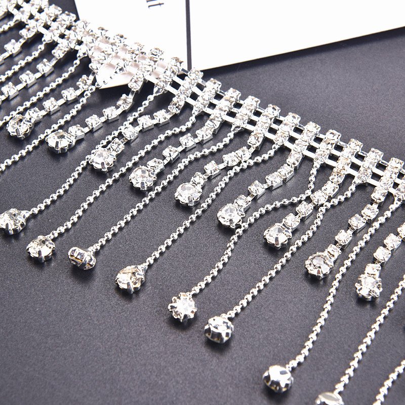 Bling Rhinestone Chain Beautiful Dance Silver Crystal Long Tassels Diamond Applique Sew On Garment Necklace Trim Diy Decorations