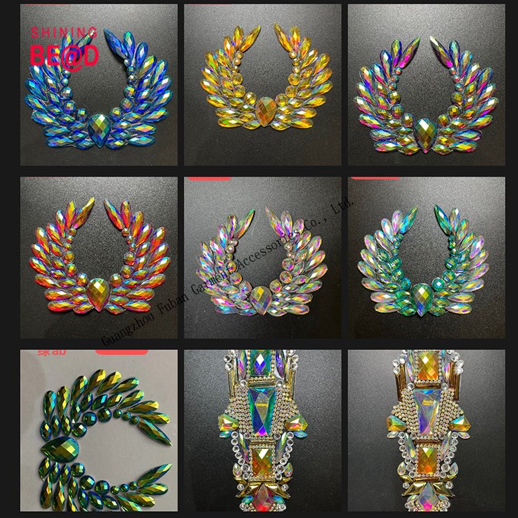Wholesale Iron on Rhinestone Small Patch Hot Fix Design Resin Crystal Motif Applique for Carnival Feather Costume