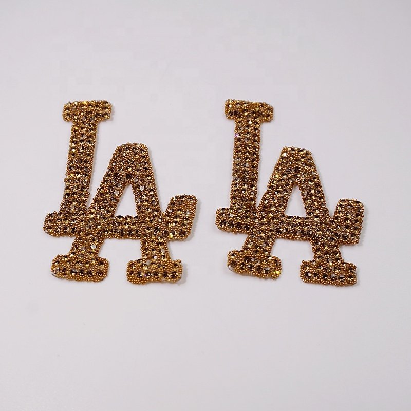 Unique hotfix rhinestone patch gold designer logo bling iron on patch bling letter patches for hat decoration