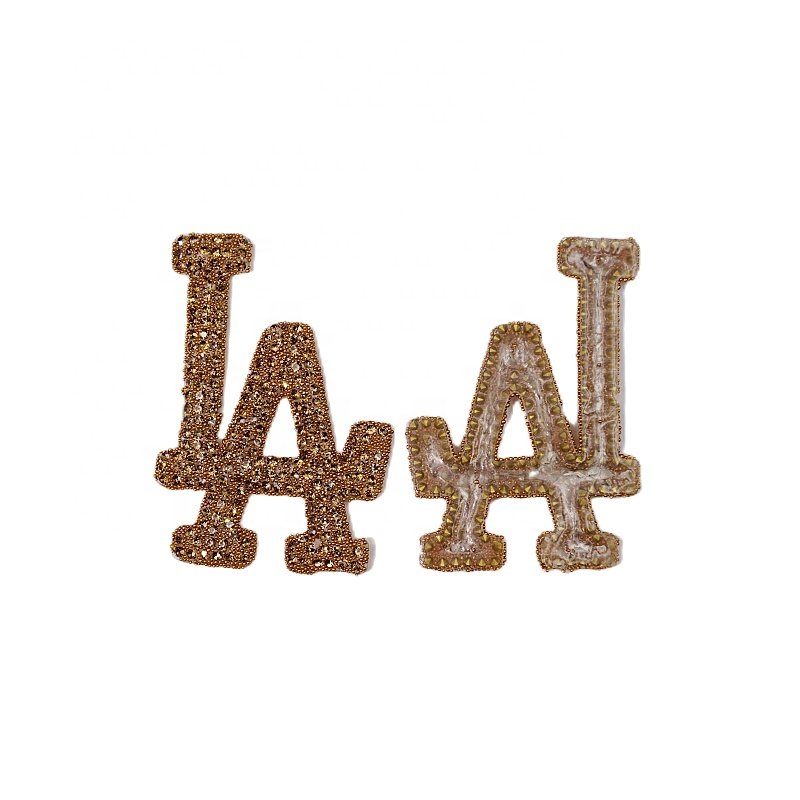 Unique hotfix rhinestone patch gold designer logo bling iron on patch bling letter patches for hat decoration