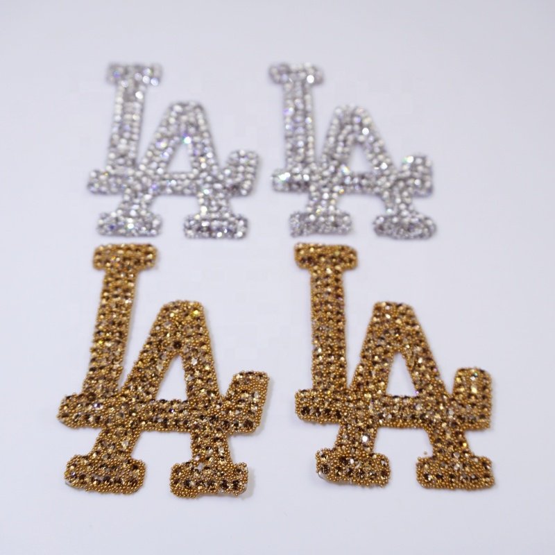 Unique hotfix rhinestone patch gold designer logo bling iron on patch bling letter patches for hat decoration