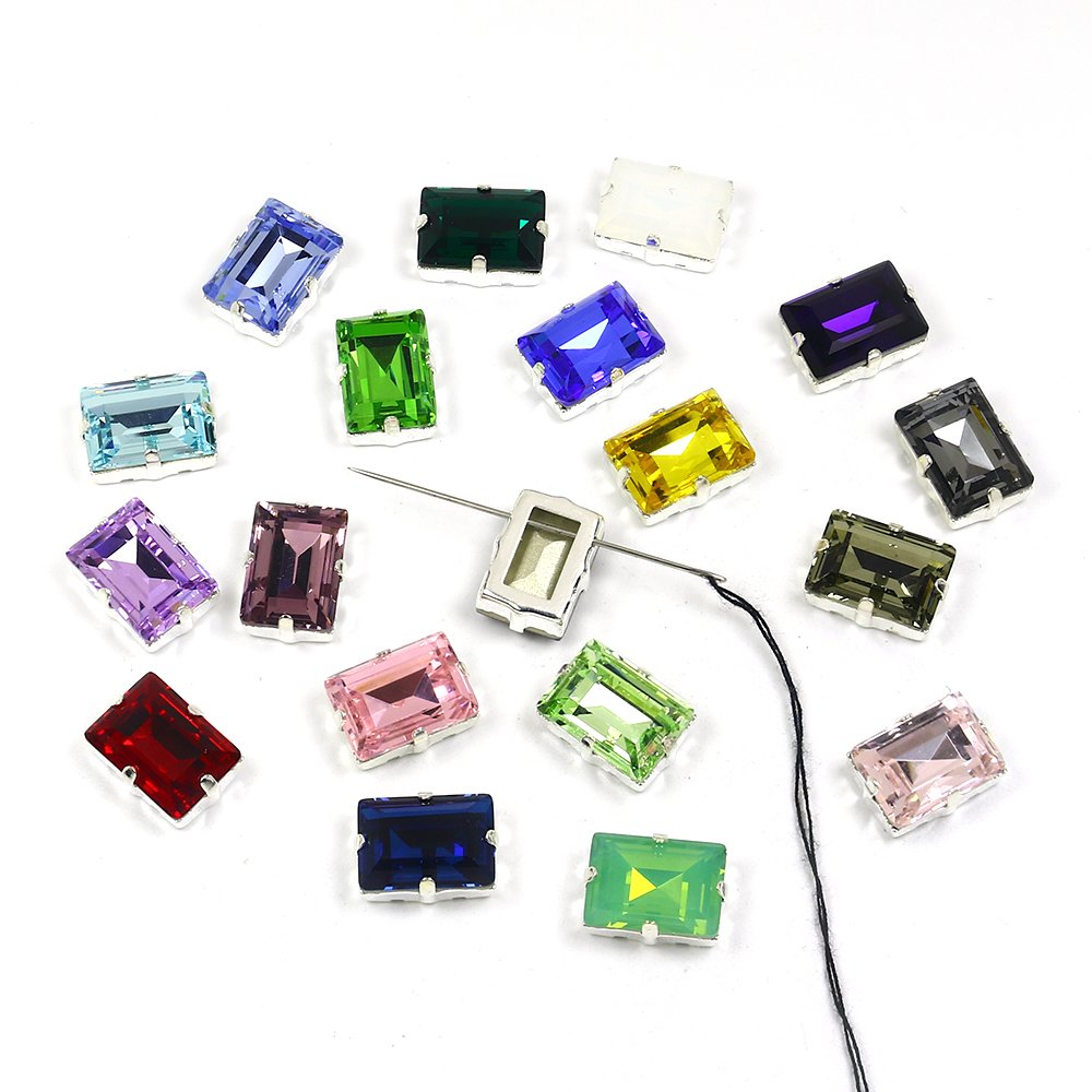 Junjiao Crystal K9 Rhinestone Point Back Rectangle Fancy Stones in Silver Clasp Crystal Sewn Stones For Clothes