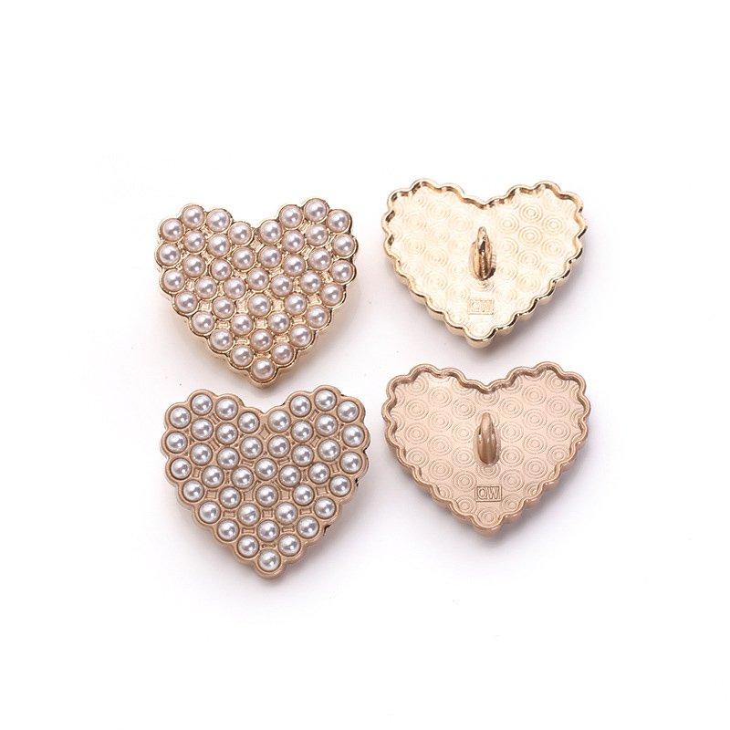 small moq accept fancy custom gold plate shank heart shaped rhinestone pearl metal buttons for woman clothes