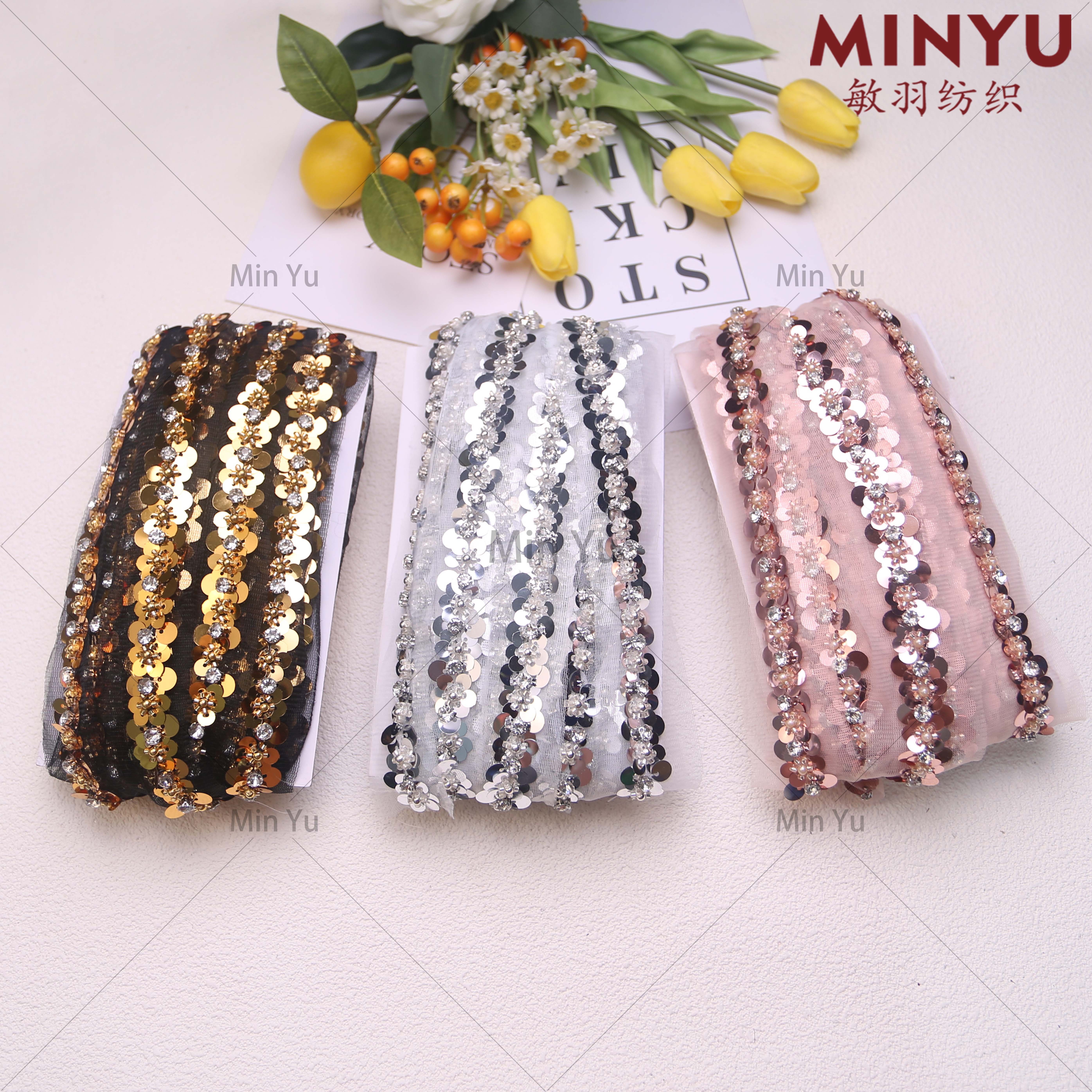 Embroidery Mesh Sequins Crystal Ethnic Lace Rhinestone Beaded Decorative Lace Trim For Garment Wedding Dresses