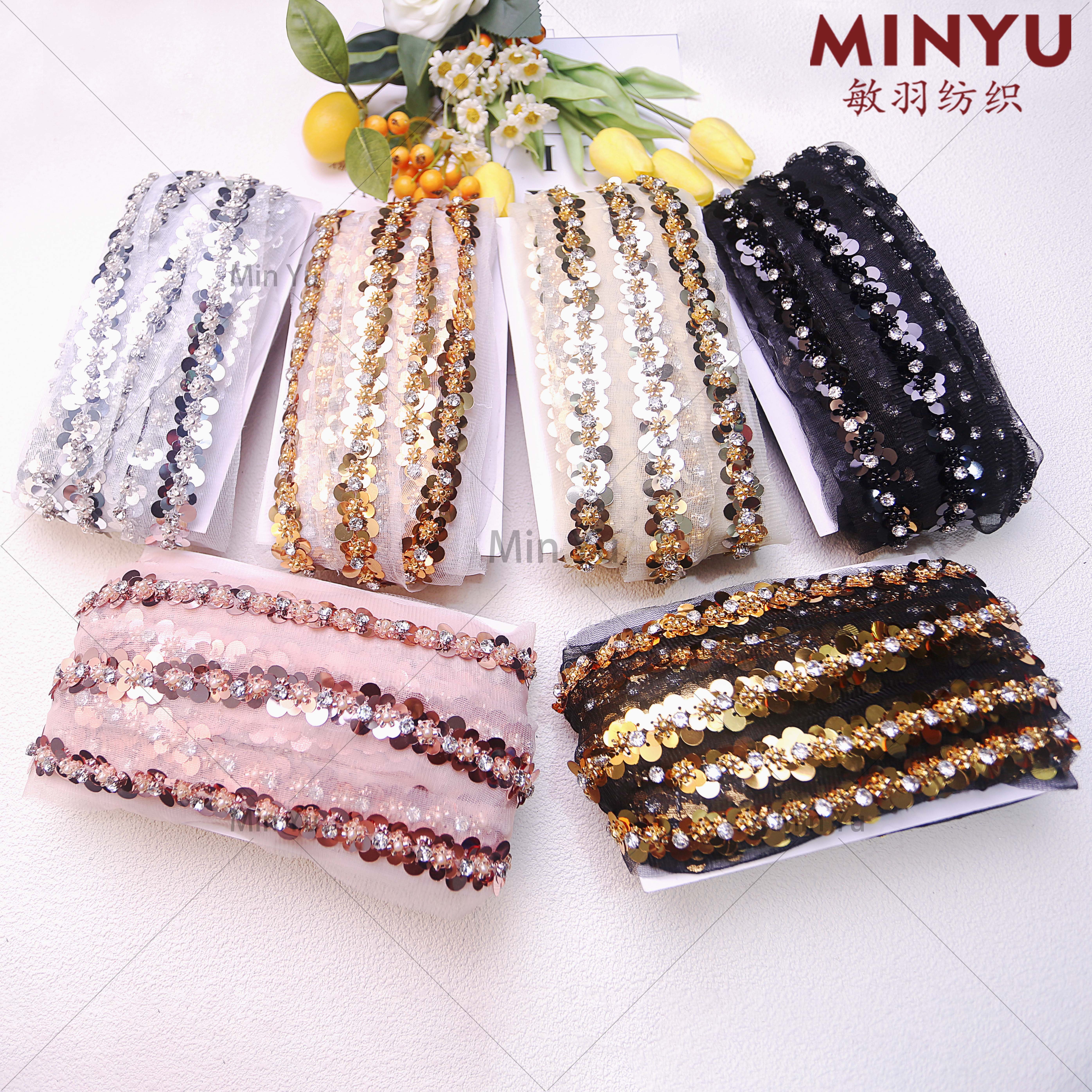 Embroidery Mesh Sequins Crystal Ethnic Lace Rhinestone Beaded Decorative Lace Trim For Garment Wedding Dresses