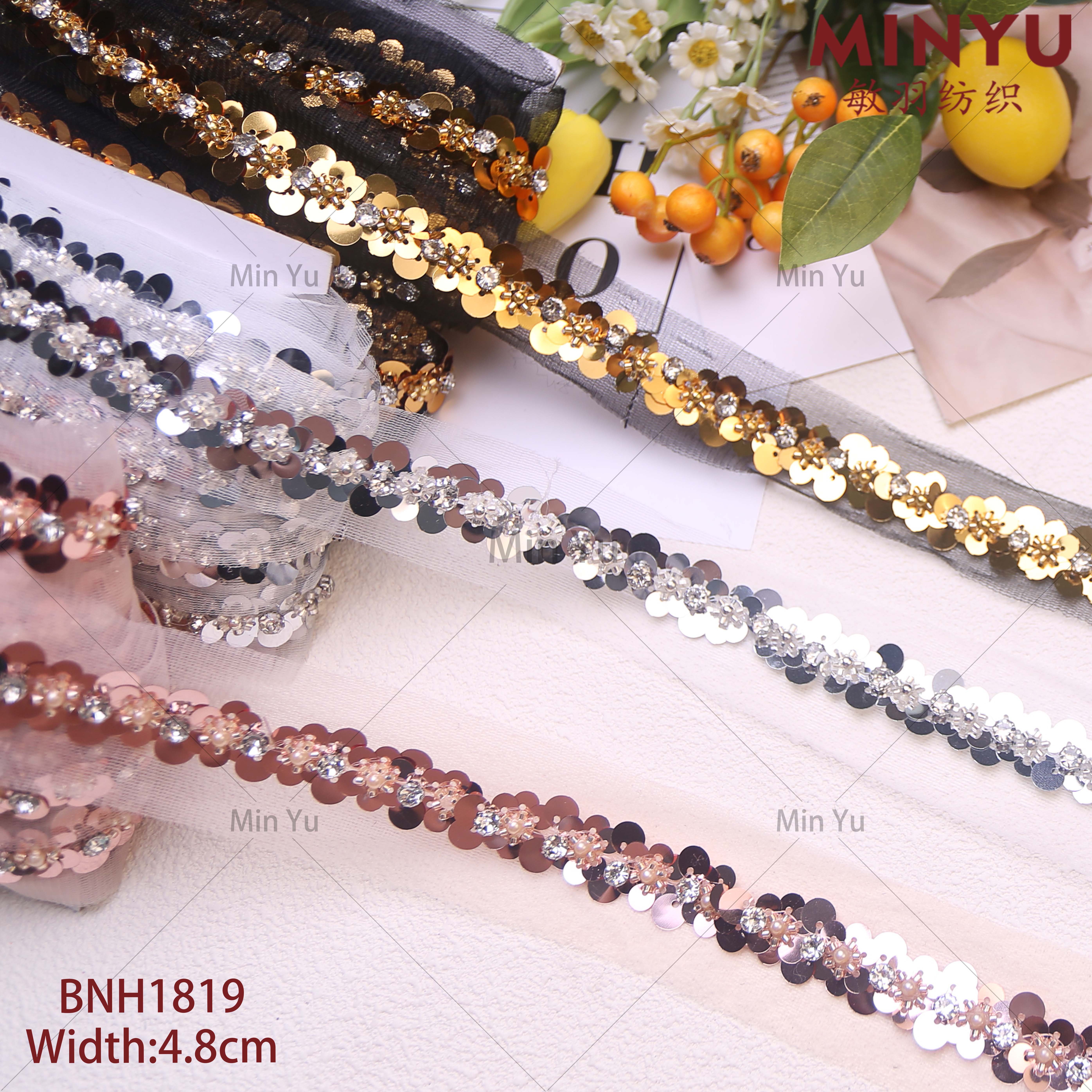 Embroidery Mesh Sequins Crystal Ethnic Lace Rhinestone Beaded Decorative Lace Trim For Garment Wedding Dresses
