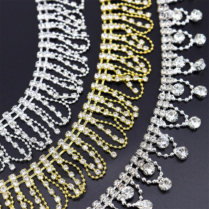 High Quality Glass Rhinestone Chain Crystal Ribbon Trim Strass Applique Rhinestones Tassel Fringe For Shoes