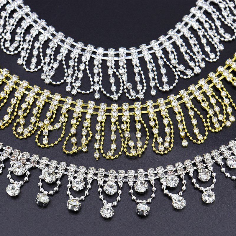 High Quality Glass Rhinestone Chain Crystal Ribbon Trim Strass Applique Rhinestones Tassel Fringe For Shoes