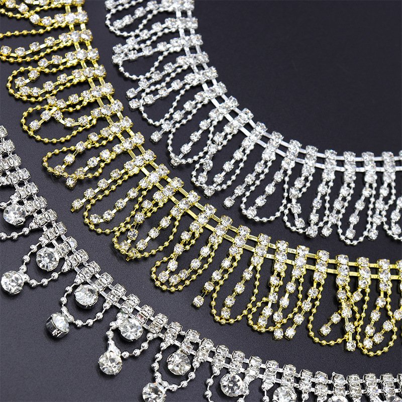 High Quality Glass Rhinestone Chain Crystal Ribbon Trim Strass Applique Rhinestones Tassel Fringe For Shoes