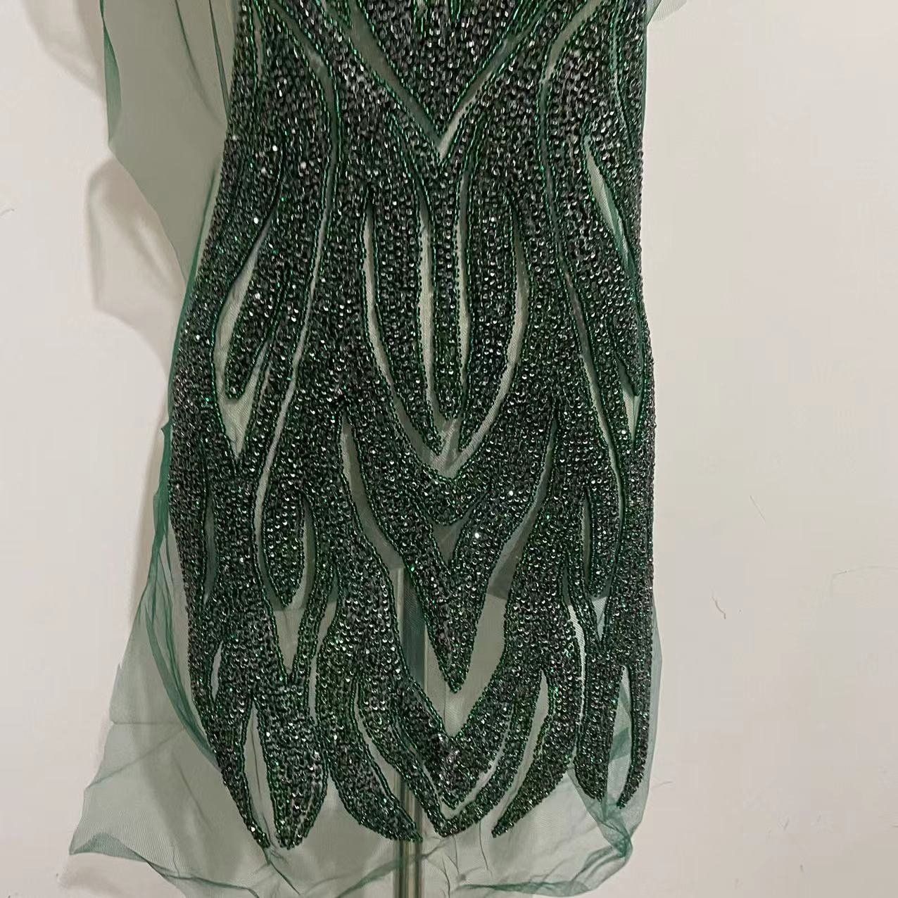 Emerald green Beaded Rhinestone Dress Bodice Applique with Mesh, Rose Gold/Peach Formal Wedding Prom Crystal Rhinestone