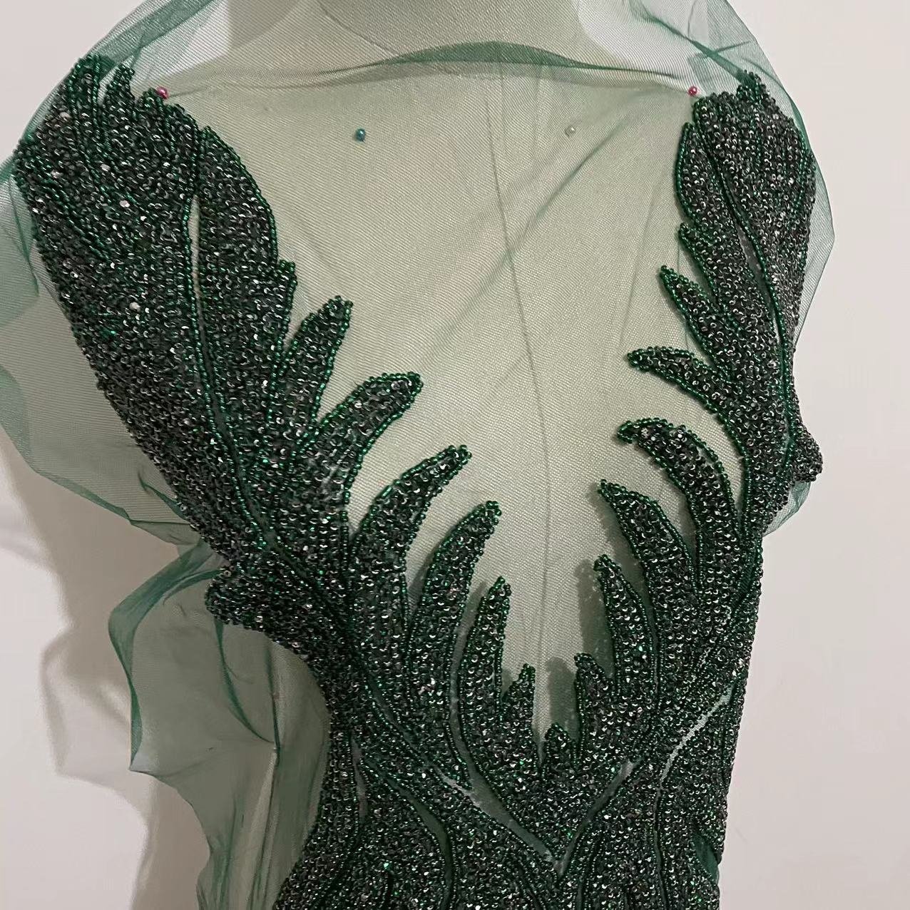 Emerald green Beaded Rhinestone Dress Bodice Applique with Mesh, Rose Gold/Peach Formal Wedding Prom Crystal Rhinestone