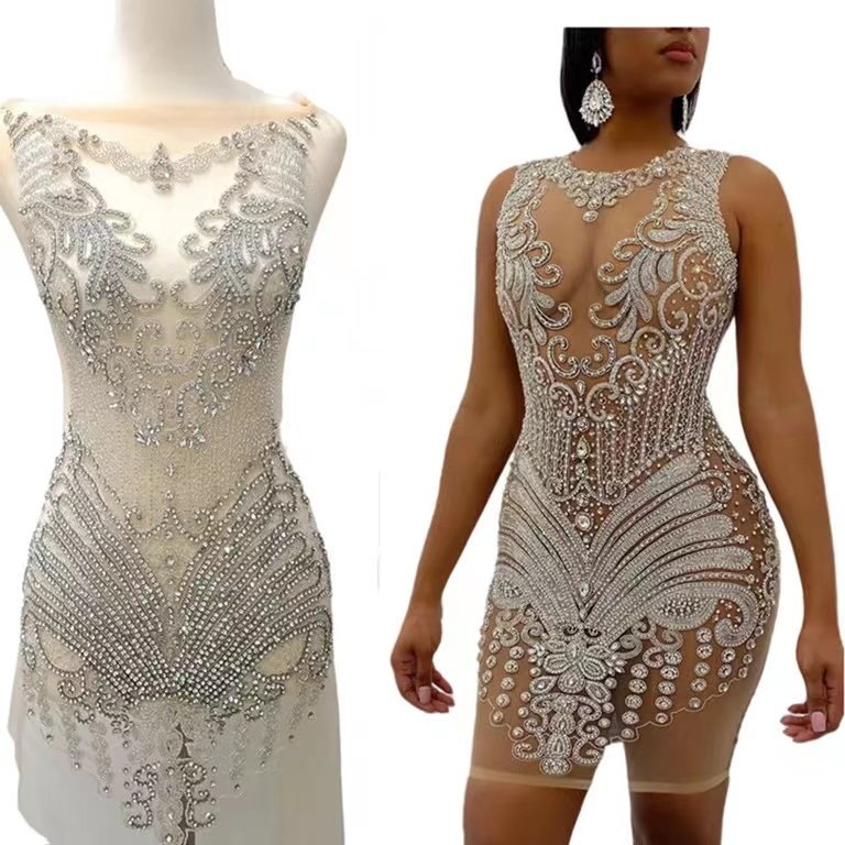 Emerald green Beaded Rhinestone Dress Bodice Applique with Mesh, Rose Gold/Peach Formal Wedding Prom Crystal Rhinestone