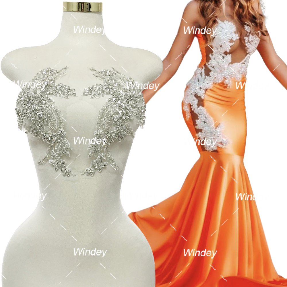 Party Dancing Long Dress Pair Design Gold Sliver Crystal Beaded Rhinestone Orange Bodice Applique For Bridal Bridesmaid Evening
