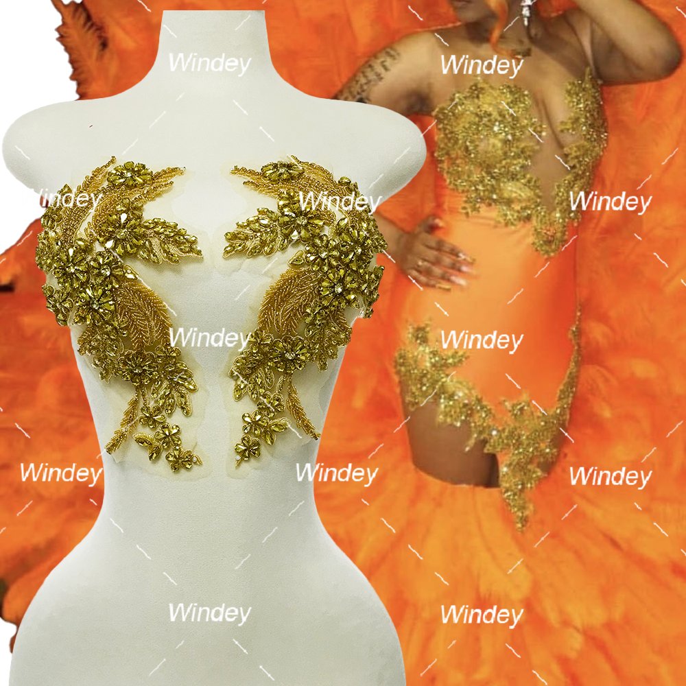 Party Dancing Long Dress Pair Design Gold Sliver Crystal Beaded Rhinestone Orange Bodice Applique For Bridal Bridesmaid Evening