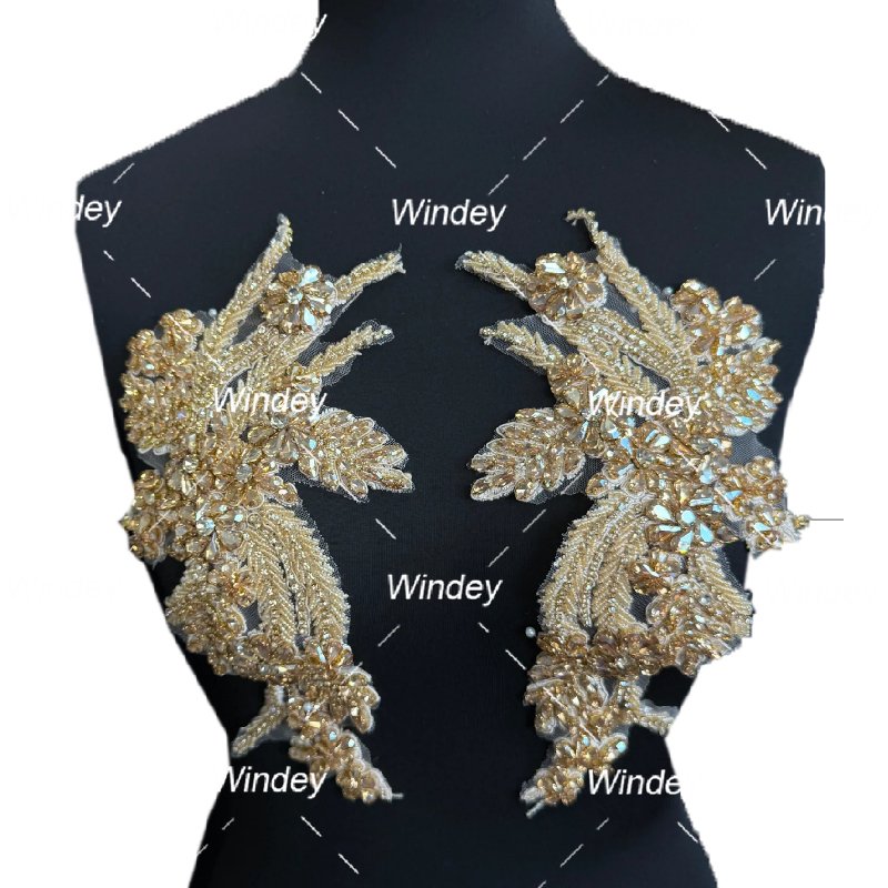 Party Dancing Long Dress Pair Design Gold Sliver Crystal Beaded Rhinestone Orange Bodice Applique For Bridal Bridesmaid Evening