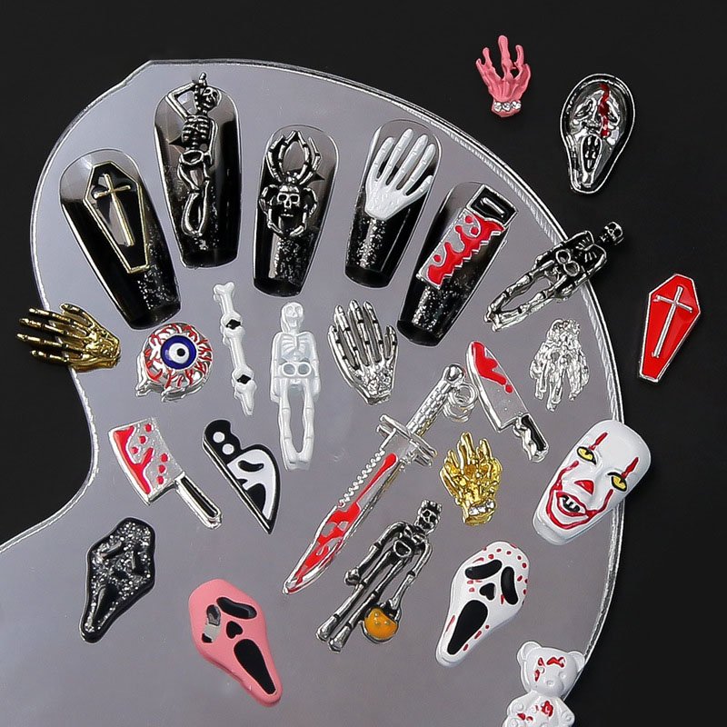 3D Retro Halloween Nail Art Rhinestones Charms Skull Alloy Halloween Nail Art Jewelry Gemstone for Women Girls Holiday Party