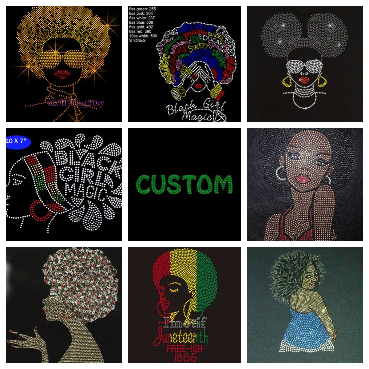 Custom black afro girl rhinestone design template strass iron on patch wholesale afro lady hot fix rhinestone transfer motif