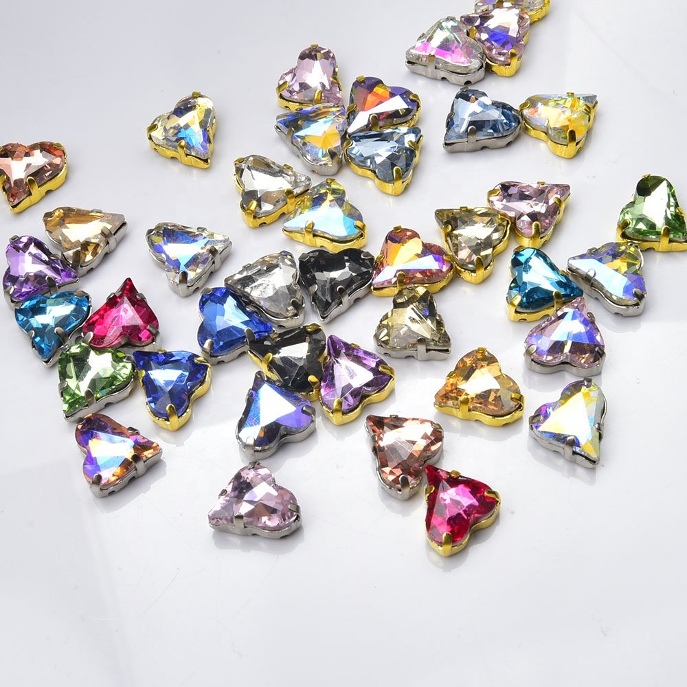 12*13mm Crooked Heart Glass Diamonds Stone Sew on Rhinestone With Claw Nail Art Crystal Wedding Dress Clothing Accessories