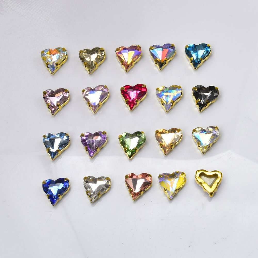 12*13mm Crooked Heart Glass Diamonds Stone Sew on Rhinestone With Claw Nail Art Crystal Wedding Dress Clothing Accessories