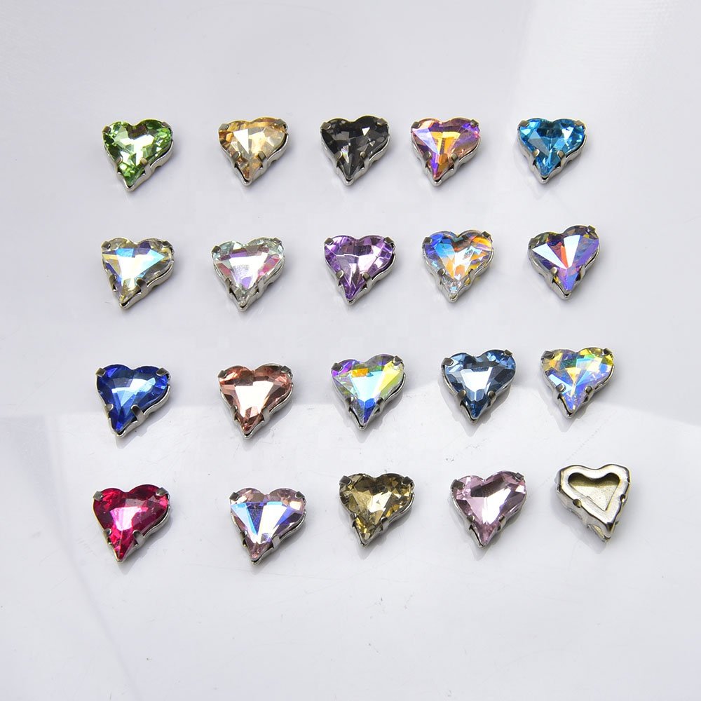 12*13mm Crooked Heart Glass Diamonds Stone Sew on Rhinestone With Claw Nail Art Crystal Wedding Dress Clothing Accessories