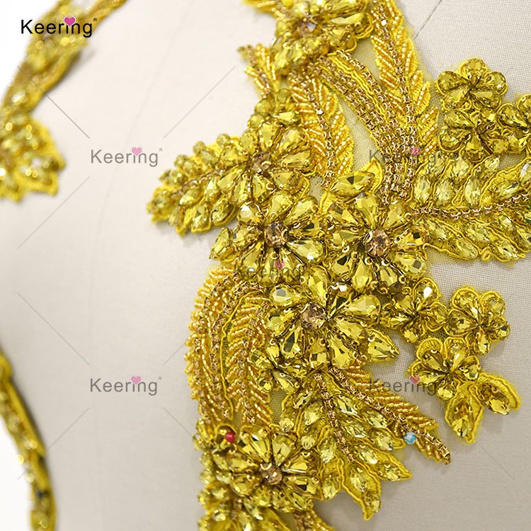 Fashion Sweetheart Collar Gold Drop Diamond Flower Crystal Patch Rhinestone Shoulder Applique For Princess Prom Dress WDP-296