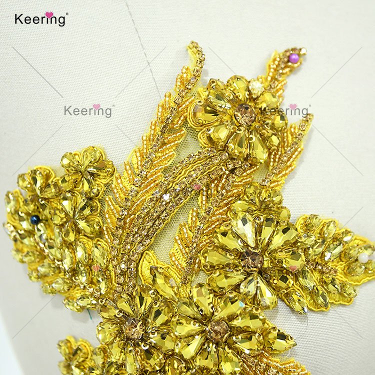 Fashion Sweetheart Collar Gold Drop Diamond Flower Crystal Patch Rhinestone Shoulder Applique For Princess Prom Dress WDP-296