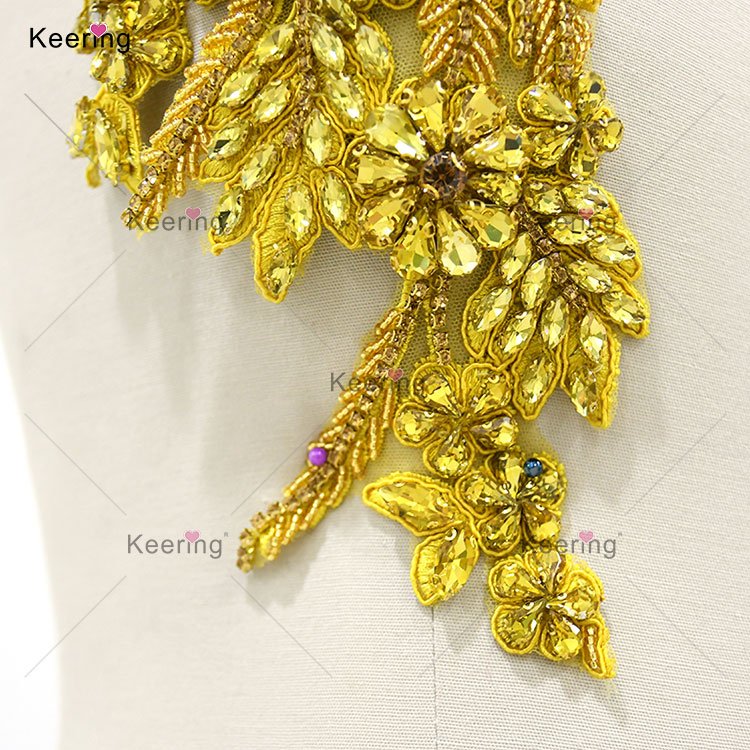 Fashion Sweetheart Collar Gold Drop Diamond Flower Crystal Patch Rhinestone Shoulder Applique For Princess Prom Dress WDP-296