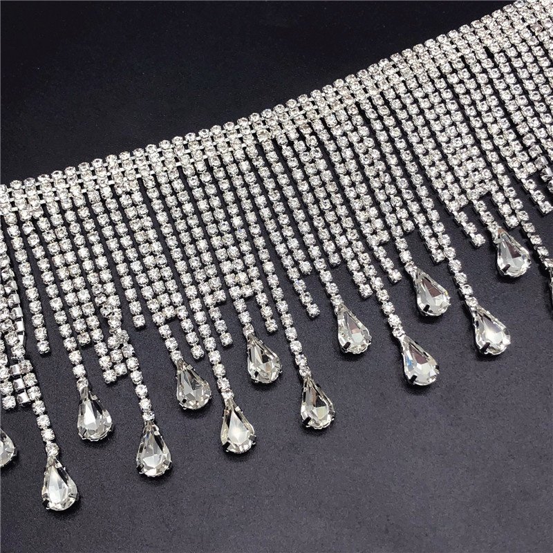 DIY Copper Chain + Shaped Diamonds Gold And Silver Color Sparkling Rhinestone Fringe Trim For Garment