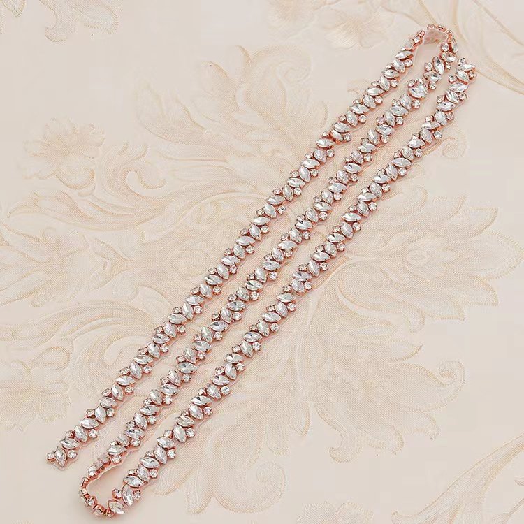 ZSY Bridal silver rhinestone applique trim rose gold beaded crystal trim iron on for wedding dress