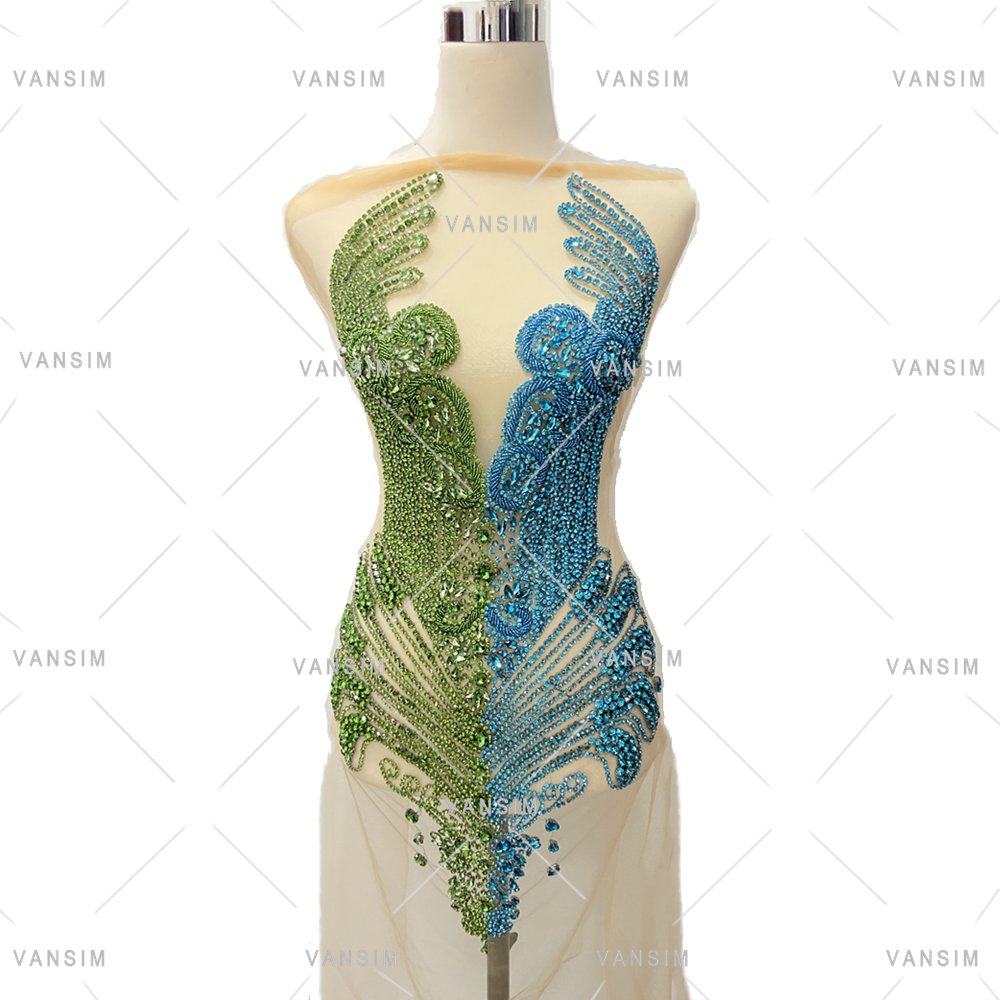 silver green crystal rhinestone bodice dress applique body patch